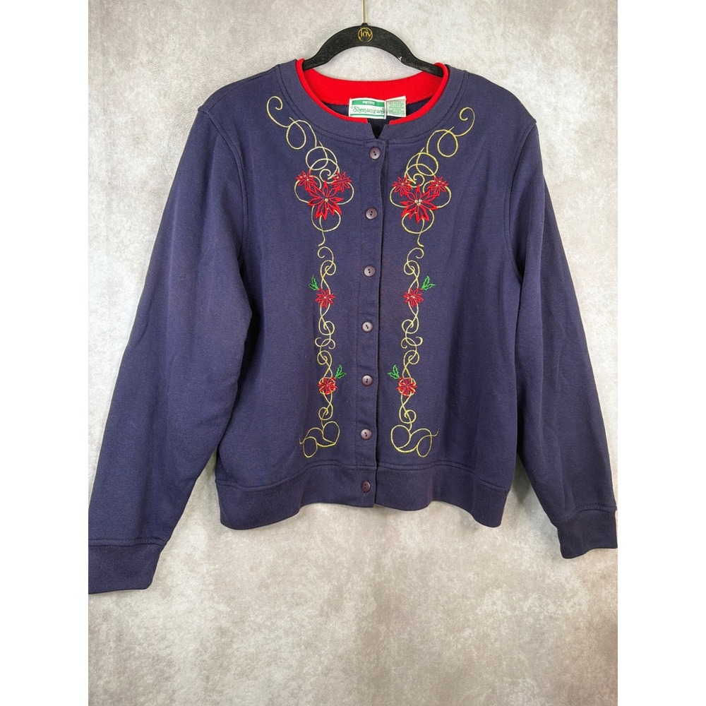 Shenanigans Cardigan Sweatshirt Women Petite Large Purple Holiday Poinsettia